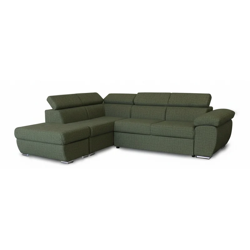 Divano letto angolare con penisola sinistra e pouf contenitore verde oliva Fiona