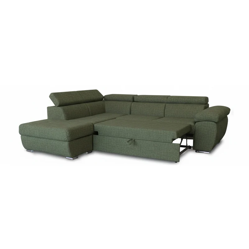 Divano letto angolare con penisola sinistra e pouf contenitore verde oliva Fiona