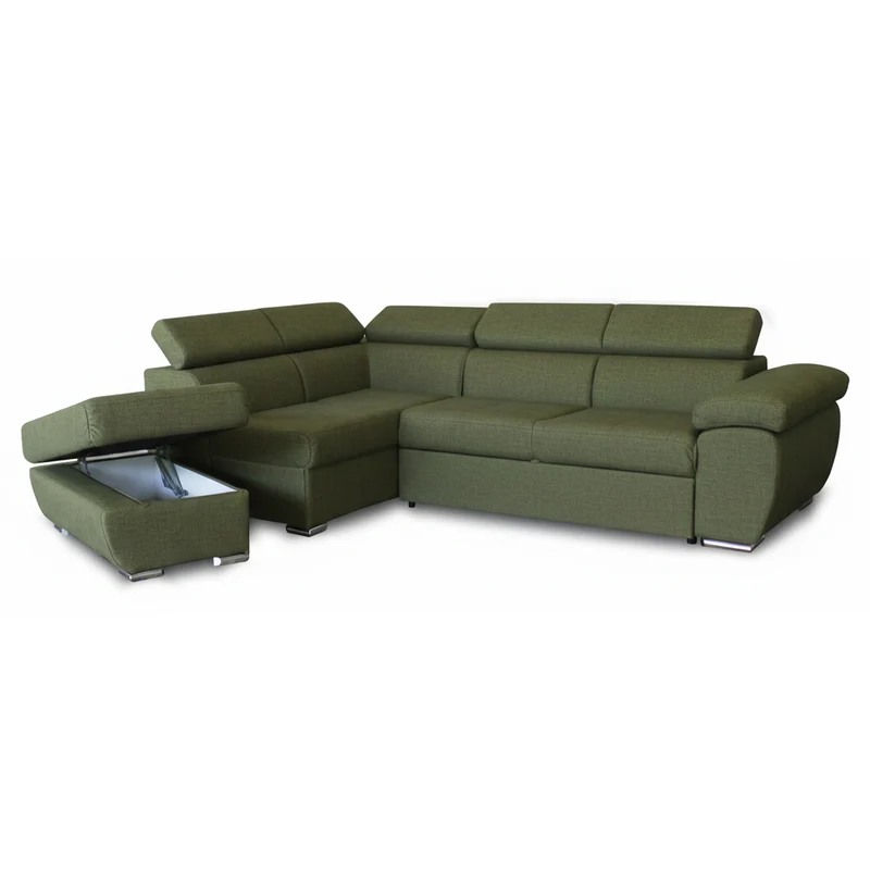 Divano letto angolare con penisola sinistra e pouf contenitore verde oliva Fiona