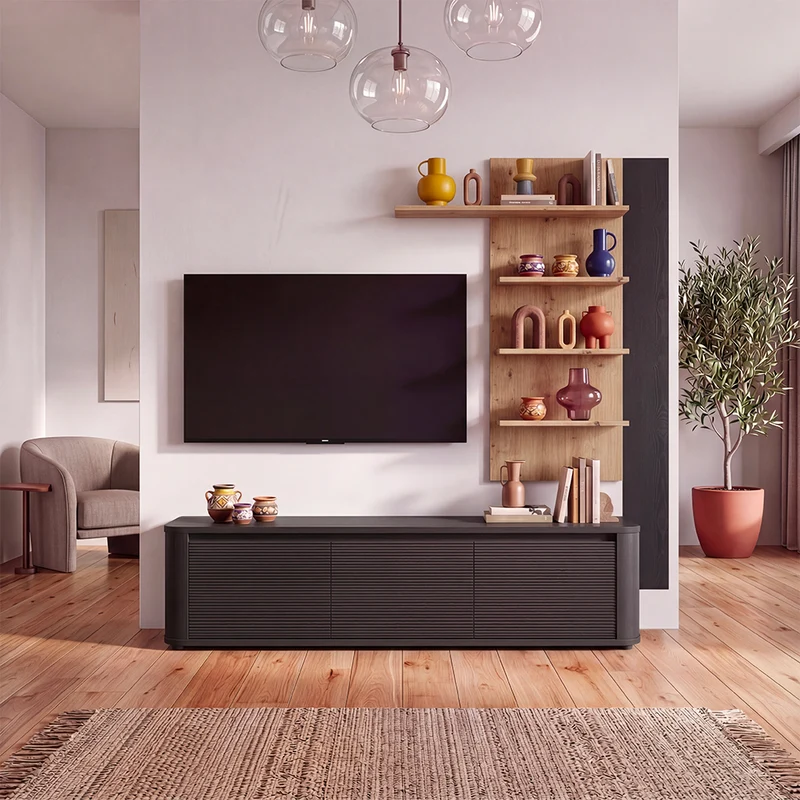 Parete Attrezzata con porta Tv e libreria rovere e nero Core Piccolo