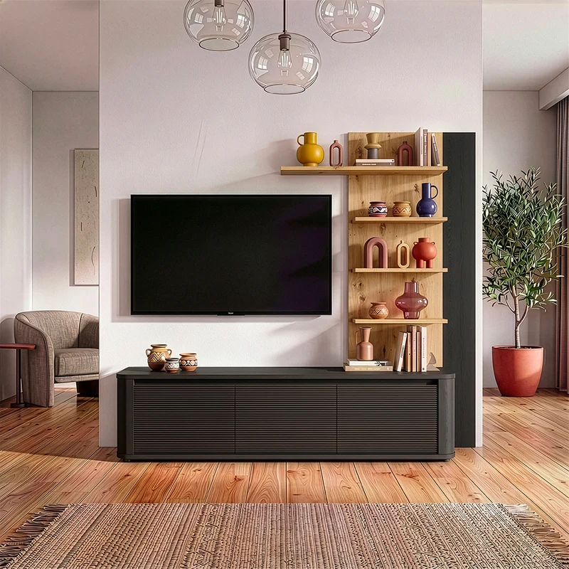 Parete Attrezzata con porta Tv e libreria rovere e nero Core Piccolo