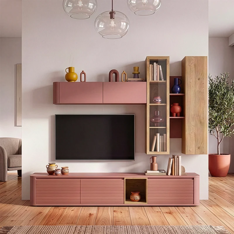 Parete attrezzata Core con porta Tv e pensili rovere e terracotta Core