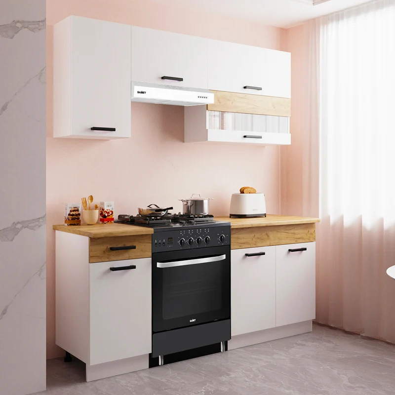 Cucina monoblocco 180 cm senza elettrodomestici colore bianco e rovere Nina