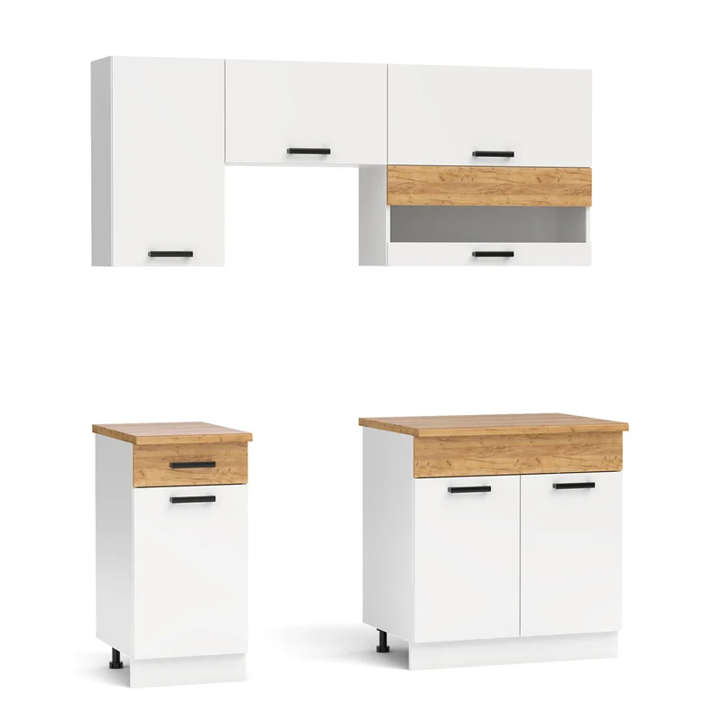 Cucina monoblocco 180 cm senza elettrodomestici colore bianco e rovere Nina