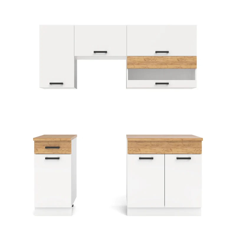 Cucina monoblocco 180 cm senza elettrodomestici colore bianco e rovere Nina