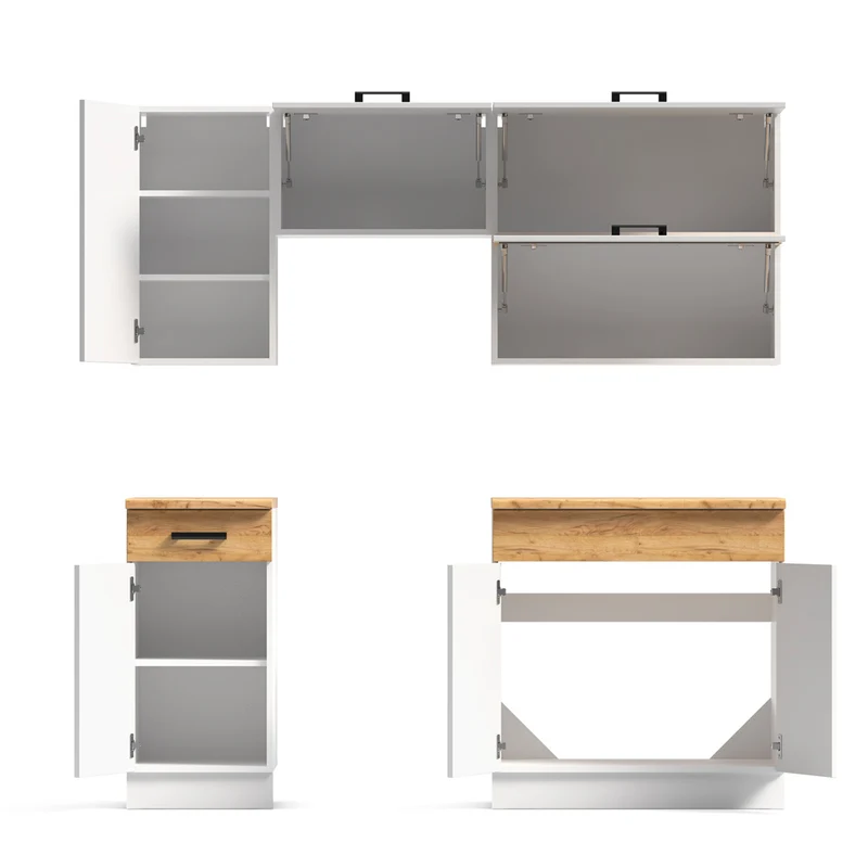 Cucina monoblocco 180 cm senza elettrodomestici colore bianco e rovere Nina