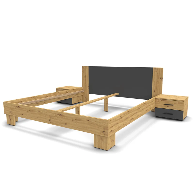Letto matrimoniale 180x200 con comodini integrati antracite e rovere Meria