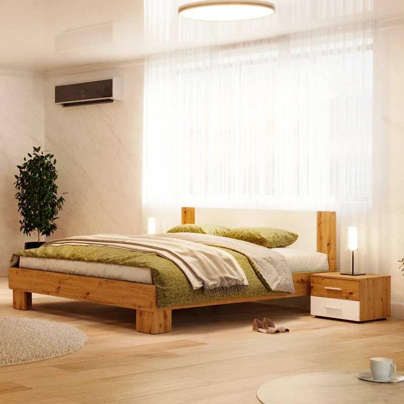 Letto matrimoniale 180x200 con comodini integrati bianco e rovere Meria