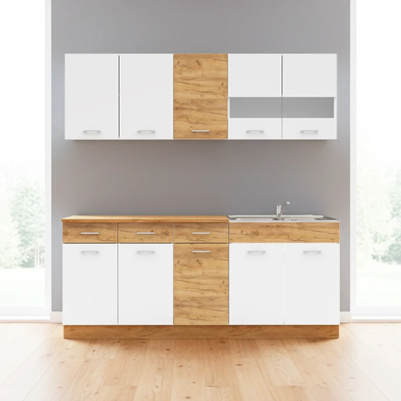 Cucina monoblocco 200 cm con lavello e pensili colore bianco e rovere Erika