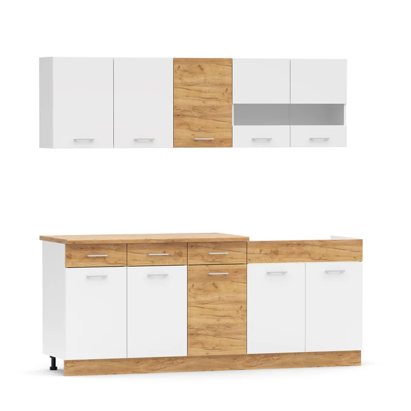 Cucina monoblocco 200 cm con lavello e pensili colore bianco e rovere Erika