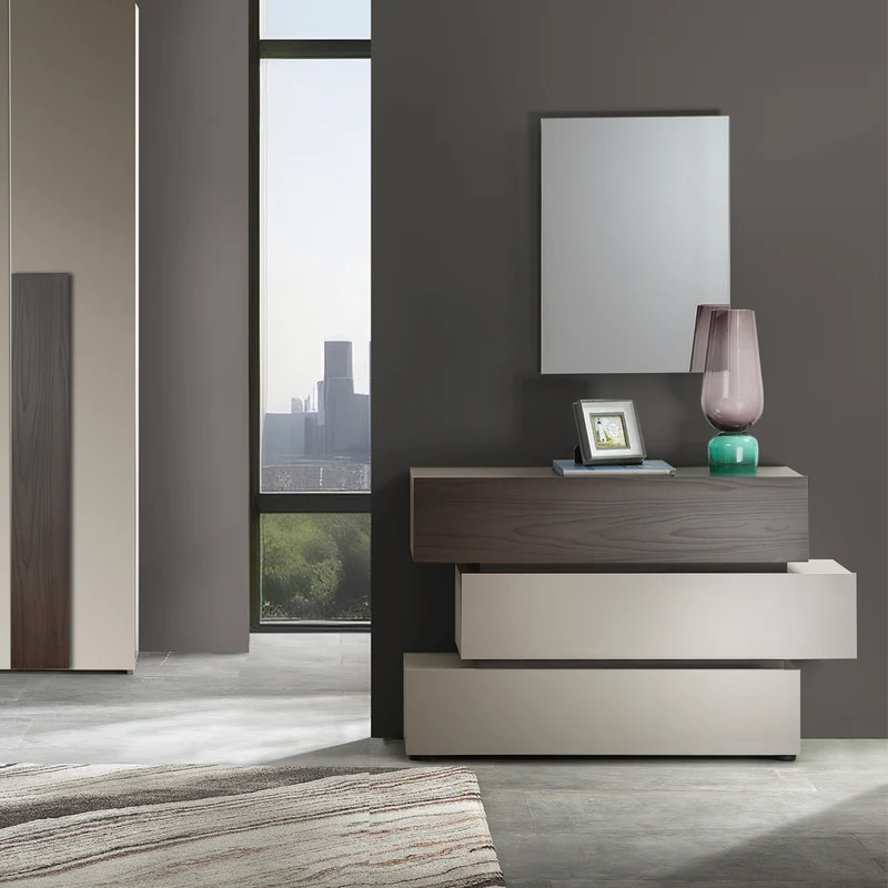 Camera da letto completa con armadio 6 ante e letto contenitore imbottito tortora noce Kendra