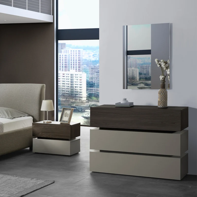 Camera da letto completa con armadio 6 ante e letto contenitore imbottito tortora noce Kendra