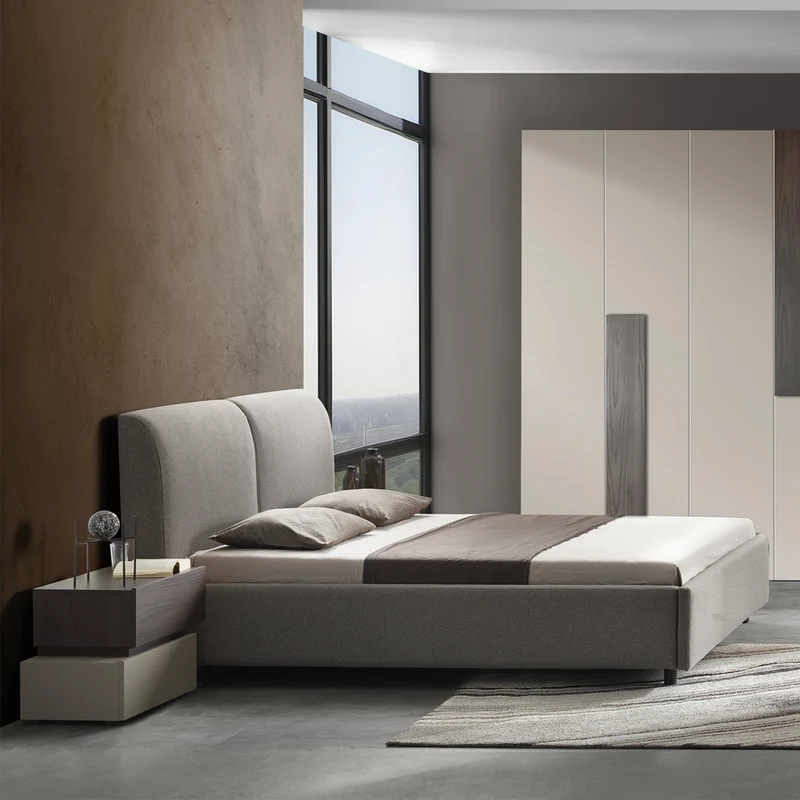 Camera da letto completa con armadio 6 ante e letto contenitore imbottito tortora noce Kendra