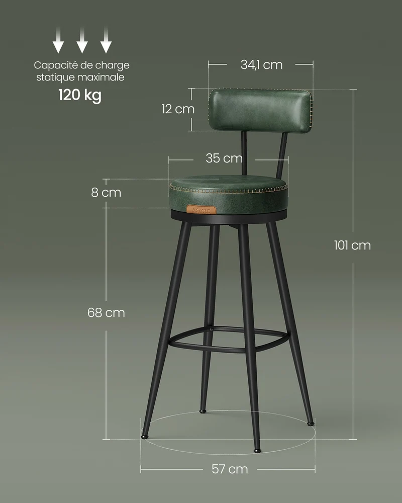 Lot de 2 tabourets de bar design moderne 57 x 57 x 101 cm confort assise ergonomique en acier vert forêt 12_0011124
