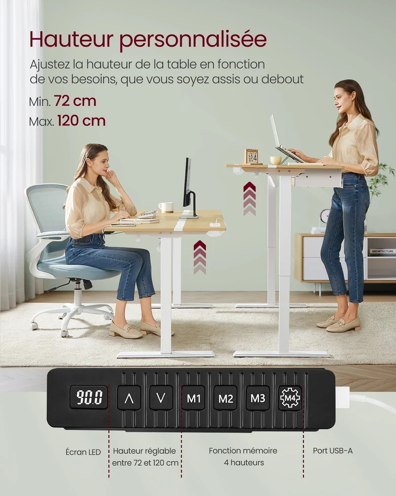 Bureau assis-debout réglable hauteur 60 x 120 cm fonction mémoire 4 positions design rustique en aggloméré chêne 12_0010087