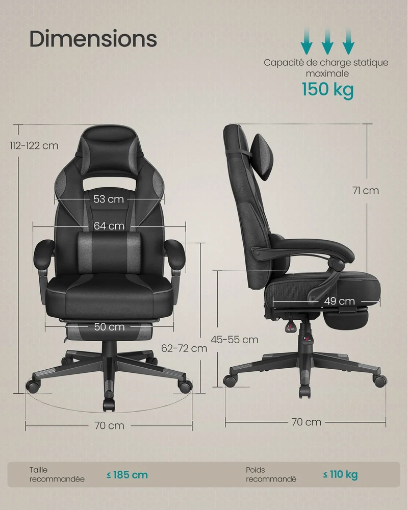 Fauteuil gamer ergonomique réglable avec repose-pieds télescopique 70 x 70 x 122 cm en tissu noir 12_0009378