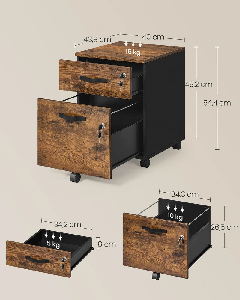 Caisson de bureau à roulettes verrouillable 43,8 x 40 x 54,4 cm pour dossiers A4 style rustique en MDF marron 12_0012908