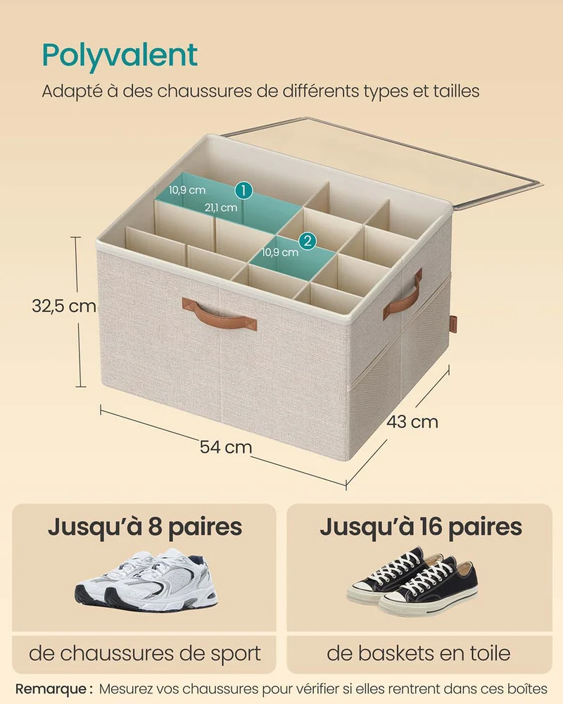 Organisateur de chaussures modulable pour 16 paires gain de place armoire 54 x 43 x 32,5 cm en tissu beige 12_0012878
