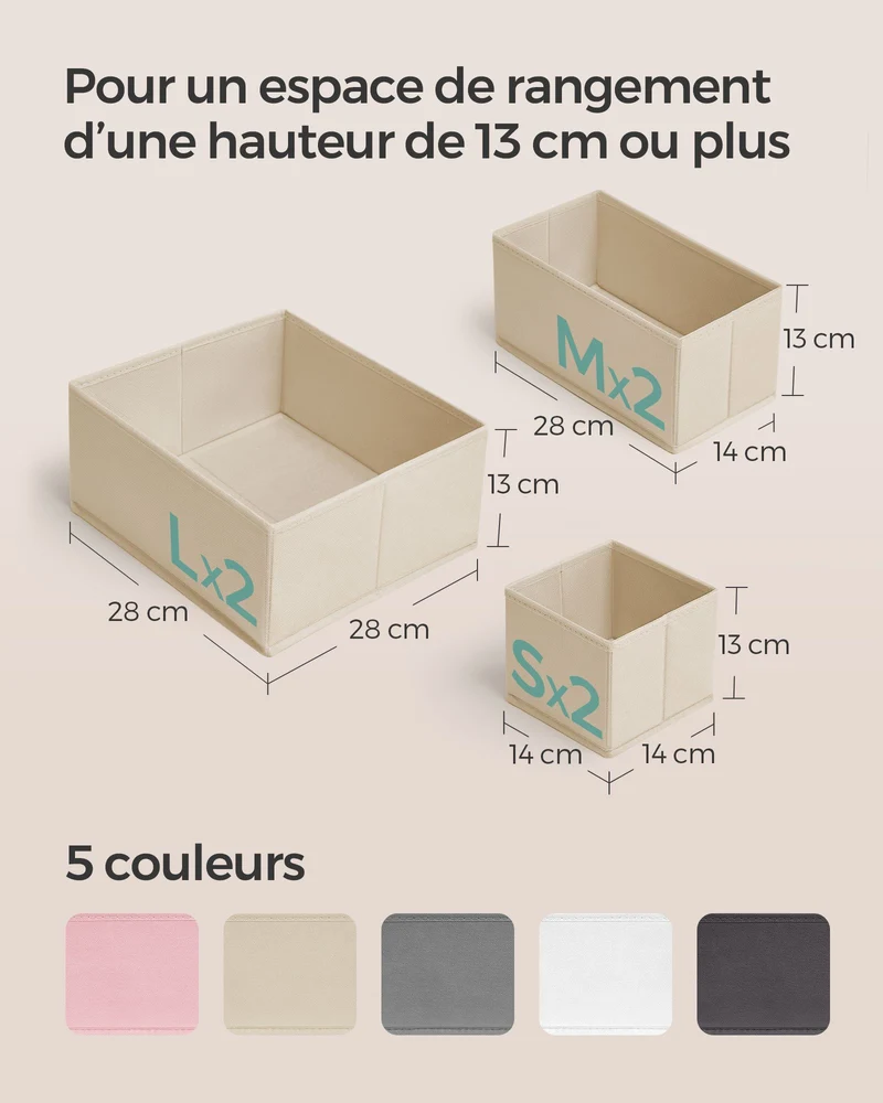 Lot de 6 boîtes de rangement en tissu non-tissé 28 x 28 x 13 cm ambiance cosy en carton beige sable 12_0012610