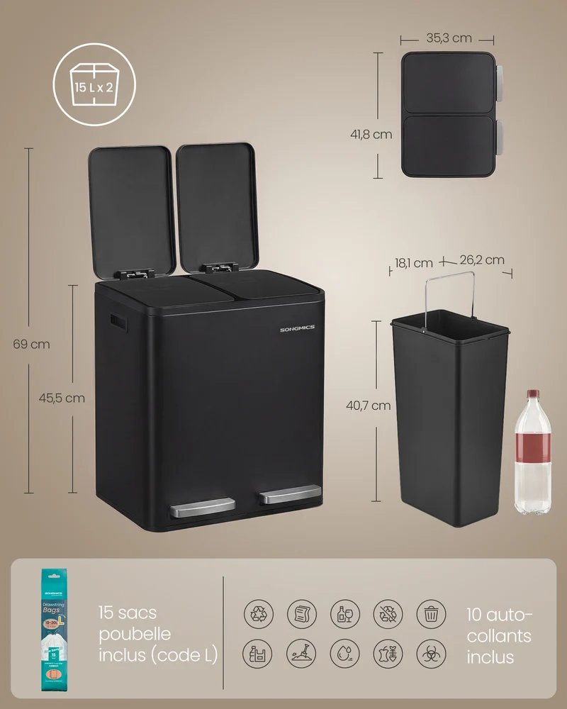 Poubelle de cuisine 41,8 x 35,3 x 45,5 cm tri sélectif 2 compartiments ergonomique finition mate en acier inoxydable argent 12_0012594