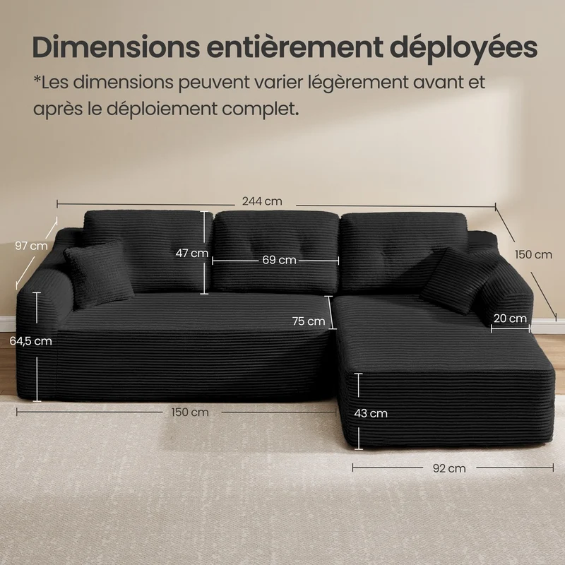 Canapé d'angle modulable 150 x 244 x 73 cm avec grande méridienne confortable style moderne en velours noir 12_0012196