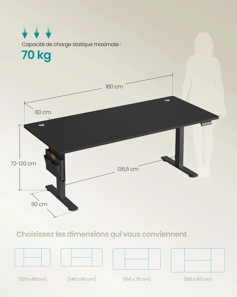 Bureau électrique assis-debout réglable hauteur 180 x 80 x 72-120 cm 4 hauteurs mémorisables style moderne en aggloméré noir 12_0011636