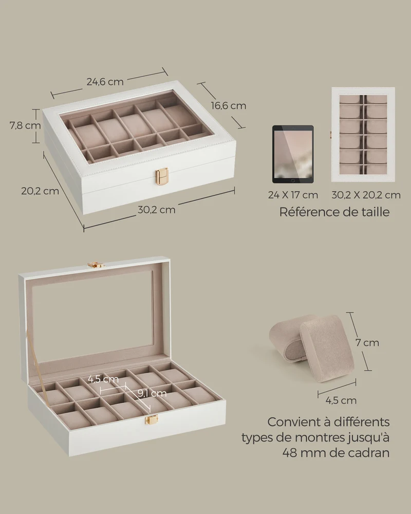 Boîte à montres 12 emplacements avec couvercle en verre coussinets amovibles 20,2 x 30,2 x 7,8 cm en MDF blanc 12_0011299