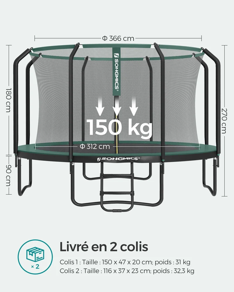 Trampoline de jardin rond avec filet de sécurité et échelle 366 x 90 cm pour enfants et adultes en acier noir 12_0010006