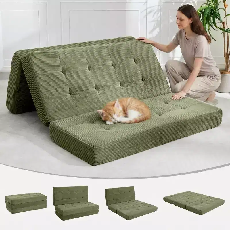 SunnyFurn Matelas pliant triple 6 pouces pour canapé-lit, 75X54.3 Lit d'appoint pliable en mousse avec velours côtelé capitonné, portable pour le camping, le salon, la chambre à coucher