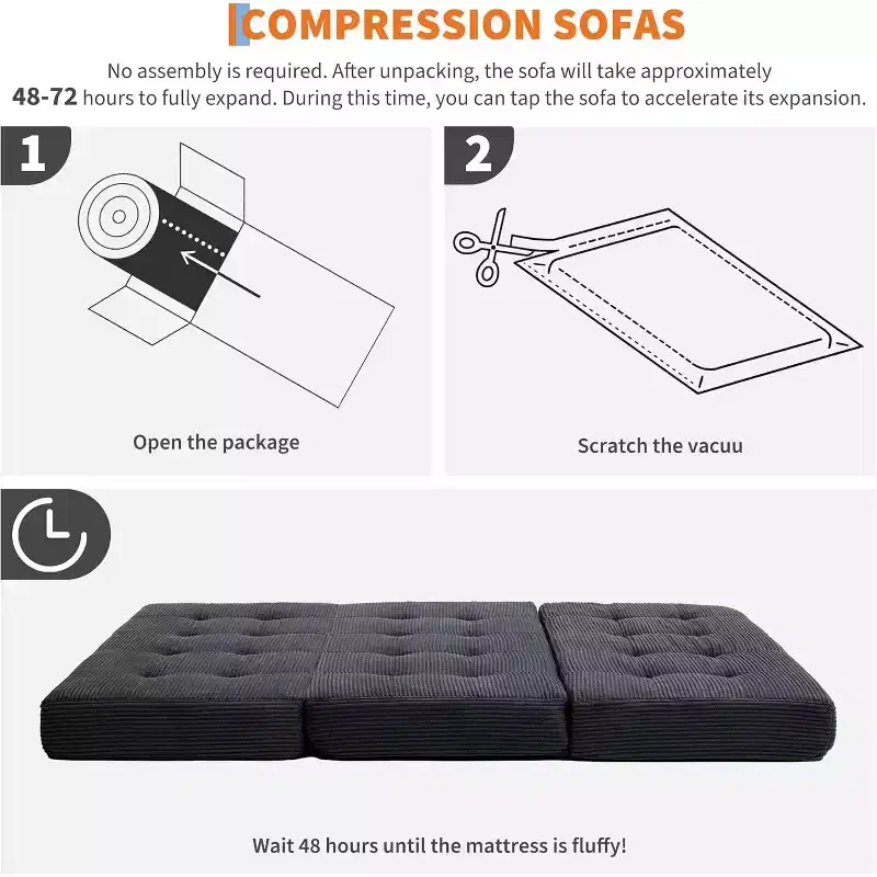 SunnyFurn Matelas pliant triple 6 pouces pour canapé-lit, 75X54.3 Lit d'appoint pliable en mousse avec velours côtelé capitonné, portable pour le camping, le salon, la chambre à coucher
