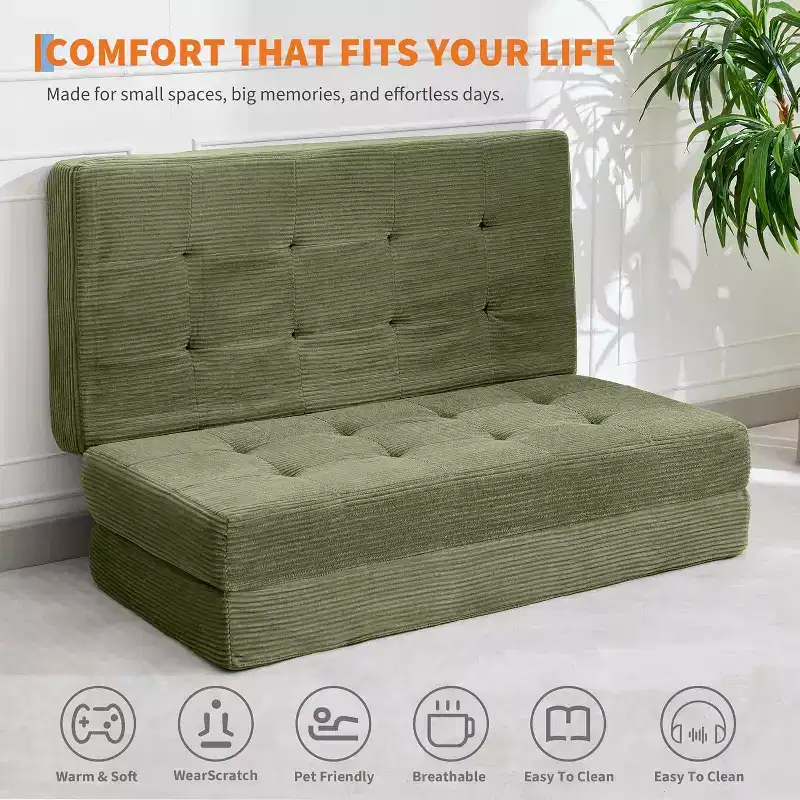 SunnyFurn Matelas pliant triple 6 pouces pour canapé-lit, 75X54.3 Lit d'appoint pliable en mousse avec velours côtelé capitonné, portable pour le camping, le salon, la chambre à coucher