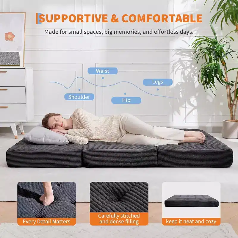 SunnyFurn Matelas pliant triple 6 pouces pour canapé-lit, 75X54.3 Lit d'appoint pliable en mousse avec velours côtelé capitonné, portable pour le camping, le salon, la chambre à coucher