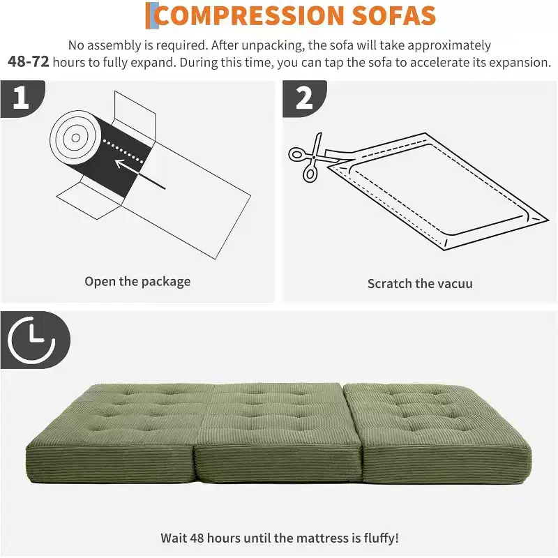 SunnyFurn Matelas pliant triple 6 pouces pour canapé-lit, 75X54.3 Lit d'appoint pliable en mousse avec velours côtelé capitonné, portable pour le camping, le salon, la chambre à coucher