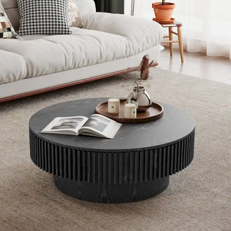 Table basse/de salon ronde moderne plaquée en bois massif avec rangement