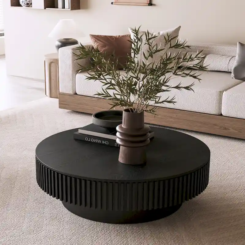 Table basse/de salon ronde moderne plaquée en bois massif avec rangement