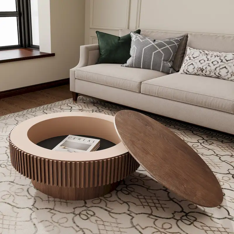 Table basse/de salon ronde moderne plaquée en bois massif avec rangement