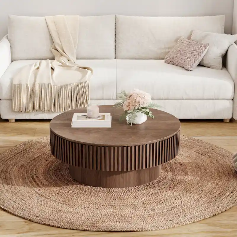 Table basse/de salon ronde moderne plaquée en bois massif avec rangement