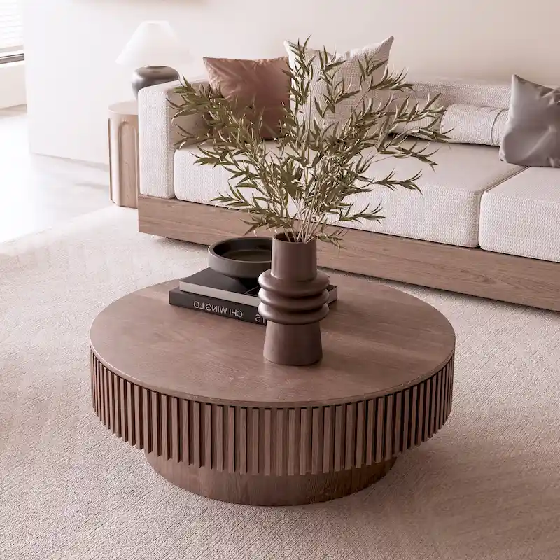 Table basse/de salon ronde moderne plaquée en bois massif avec rangement