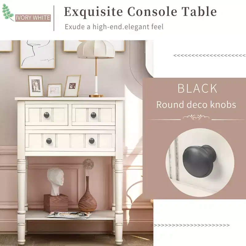 Console étroite de 60 cm avec 3 tiroirs et étagère, table d'appoint pour petite entrée ou salon