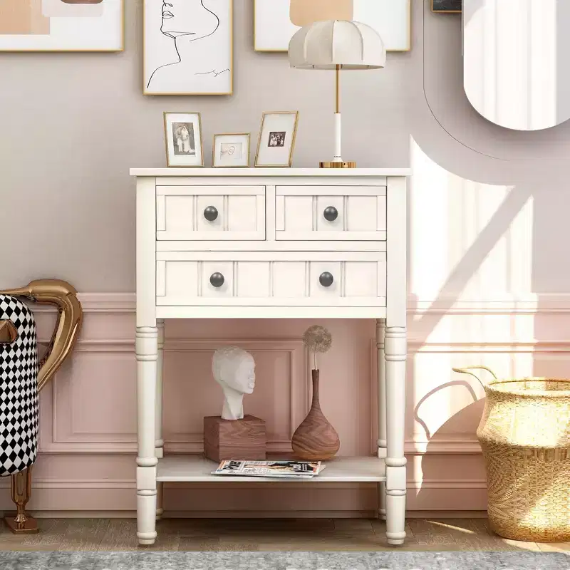 Console étroite de 60 cm avec 3 tiroirs et étagère, table d'appoint pour petite entrée ou salon