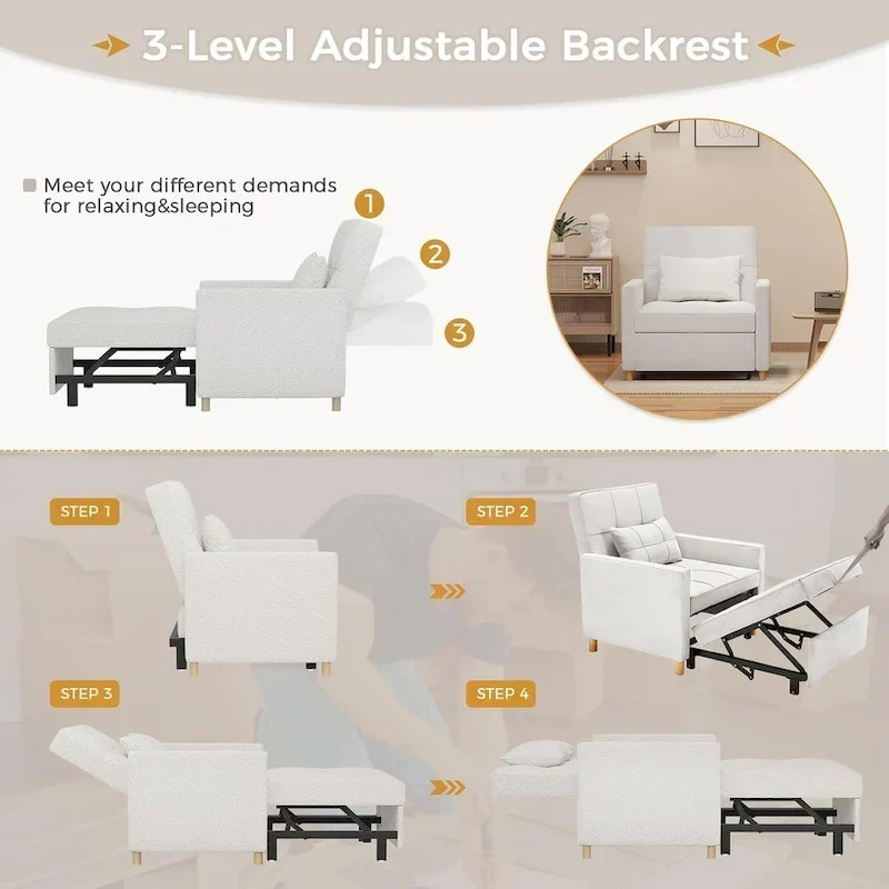 AECOJOY Fauteuil Convertible 3-en-1 avec Oreiller et Dossier Réglable