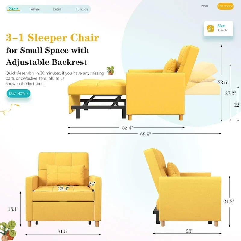 AECOJOY Fauteuil Convertible 3-en-1 avec Oreiller et Dossier Réglable