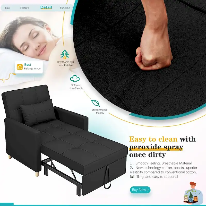 AECOJOY Fauteuil Convertible 3-en-1 avec Oreiller et Dossier Réglable