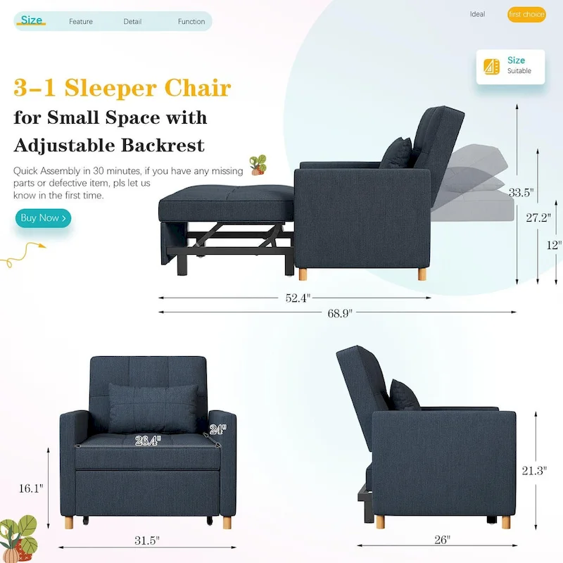 AECOJOY Fauteuil Convertible 3-en-1 avec Oreiller et Dossier Réglable