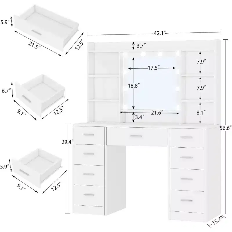 BALHAM TRADE-Coiffeuse avec miroir et lumières 9 tiroirs 6 étagères 3 modes d'éclairage Luminosité réglable