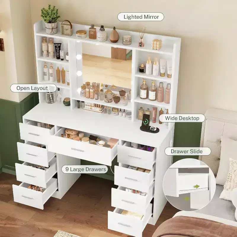 BALHAM TRADE-Coiffeuse avec miroir et lumières 9 tiroirs 6 étagères 3 modes d'éclairage Luminosité réglable