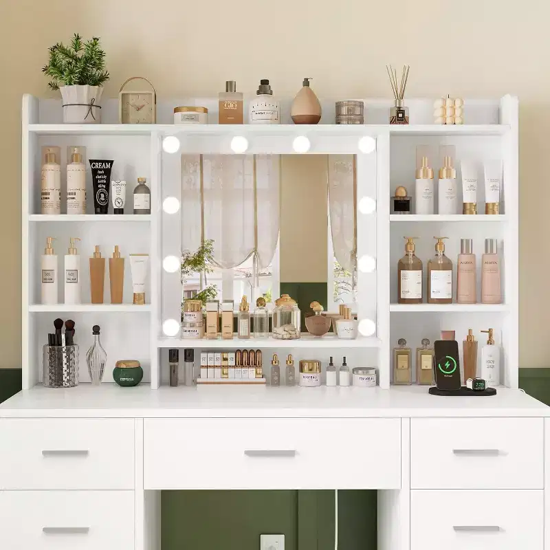 BALHAM TRADE-Coiffeuse avec miroir et lumières 9 tiroirs 6 étagères 3 modes d'éclairage Luminosité réglable