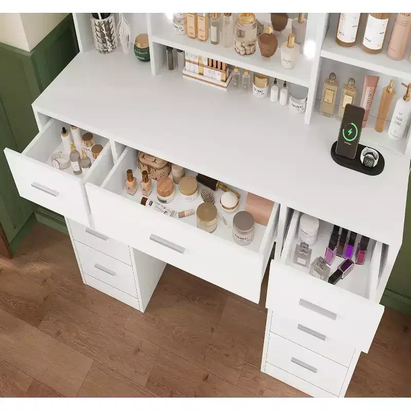 BALHAM TRADE-Coiffeuse avec miroir et lumières 9 tiroirs 6 étagères 3 modes d'éclairage Luminosité réglable