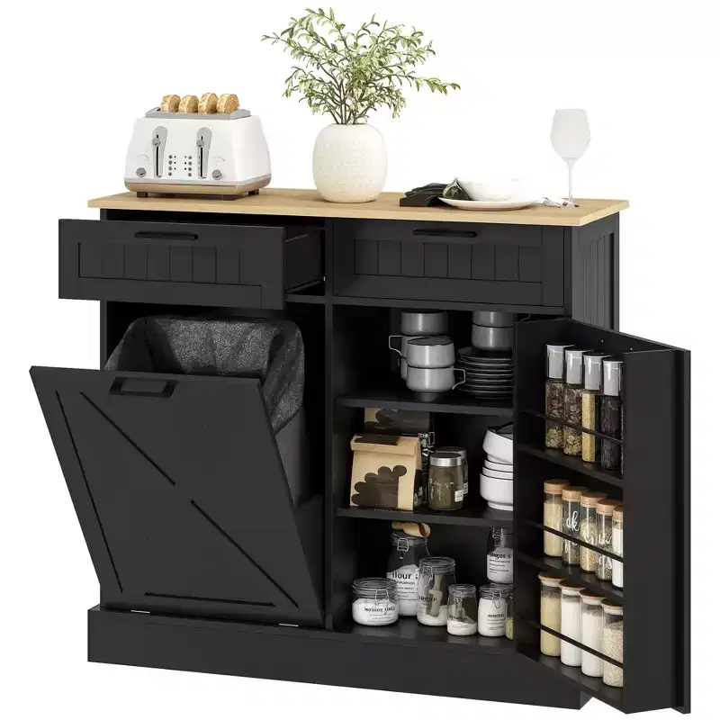 Meuble poubelle coulissant HOMCOM avec tiroirs, meuble de cuisine de style campagnard avec poubelle cachée pour la cuisine