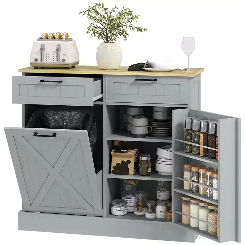 Meuble poubelle coulissant HOMCOM avec tiroirs, meuble de cuisine de style campagnard avec poubelle cachée pour la cuisine